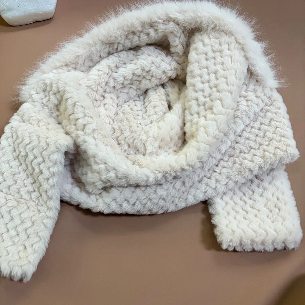 Mona Momo Ivory Faux Fur Animal Ear Hood Scarf Balaclava Winter Hat Cream Minky